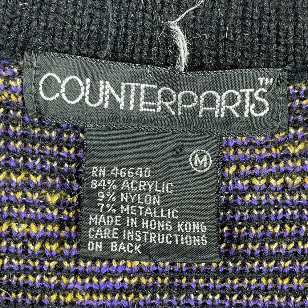 Counterparts Sweater Womens‎ Medium Black Purple Vintage Hong Kong Knit Cardigan